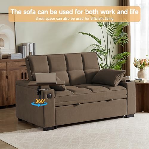 hansones 66" Multi-Functional Pull-Out Sofa Bed with Hidden Side Table, ...