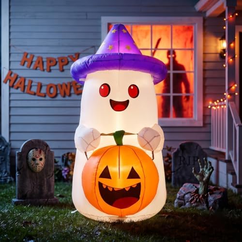 5 FT Halloween Inflatables Decor, Cute Inflatable Ghost with Pumpkin, Built-i...