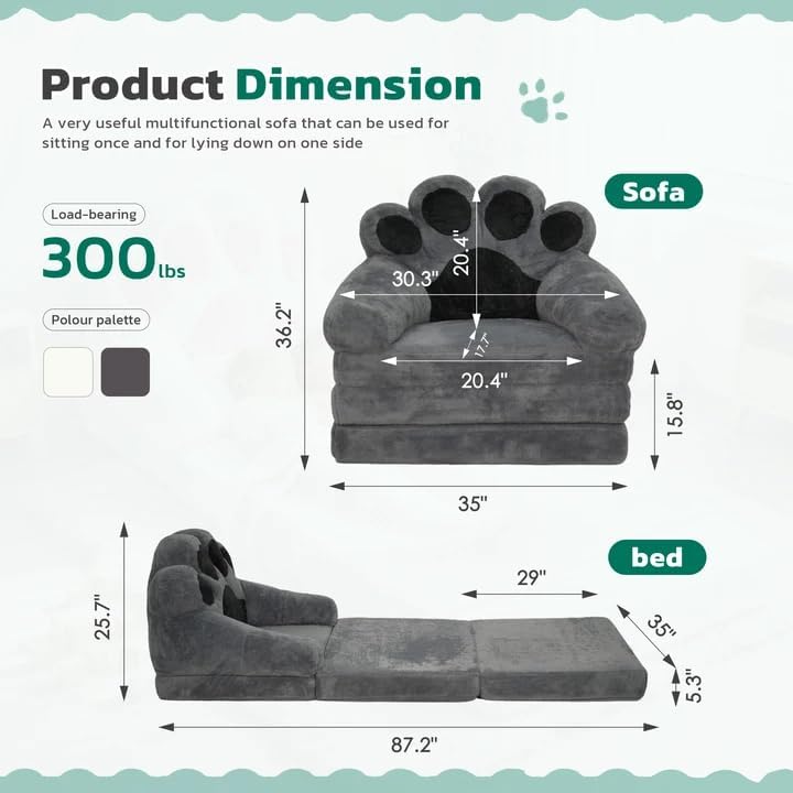 Folding Sofa Bed, 2-in-1 Convertible Sleeper Chair with Cat Paw Backrest, Fol...