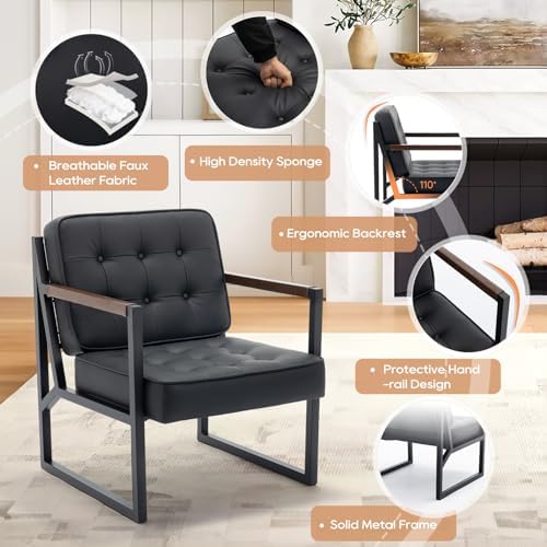 COLAMY Black Leather Accent Chair, Accent Arm Chair for Living Room, Comfy Ar...