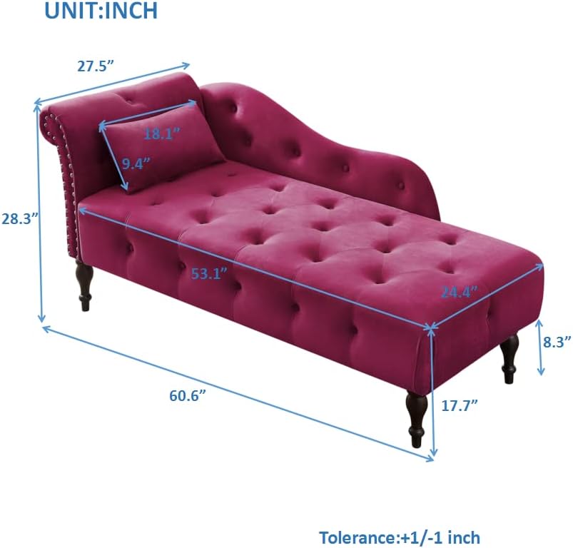 Polibi 60.6" Velvet Chaise Lounge Chair with 1 Pillow and Nailhead Trimm...