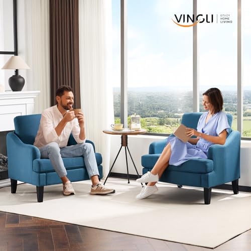 VINGLI Linen Fabric Accent Chairs Set of 2, Navy Blue Modern Upholstered Armc...