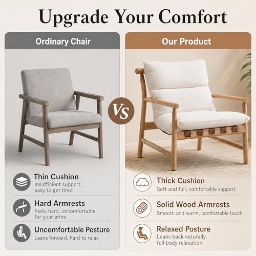 Mid Century Accent Chair, Comfy Side Chair with Solid Wood Frame, Beige