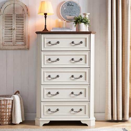T4TREAM Farmhouse 5 Drawers Dresser for Bedroom, 48" Tall Wood Rustic Ch...