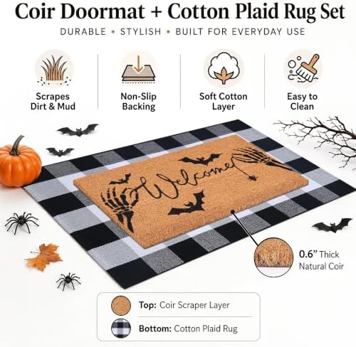 Halloween Welcome Door Mat Combo Set, Skeletal Hand Coco Coir Doormat -28&quo...