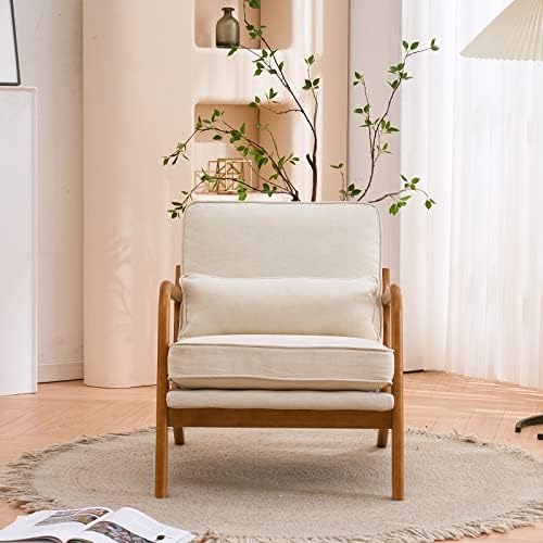 Bonnlo Fine Linen Beige Mid Century Modern Accent Chair, Soild Wood Padding L...