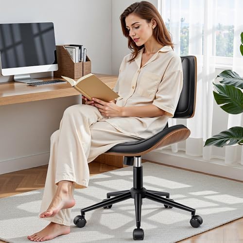 Ergonomic Armless Office Desk Chair - Mid-Century Modern Black Faux Leather w...