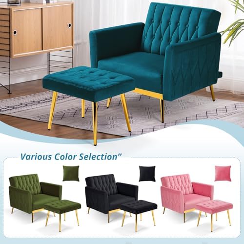 Velvet Accent Chair w/Ottoman & Adjustable Backrest,Teal