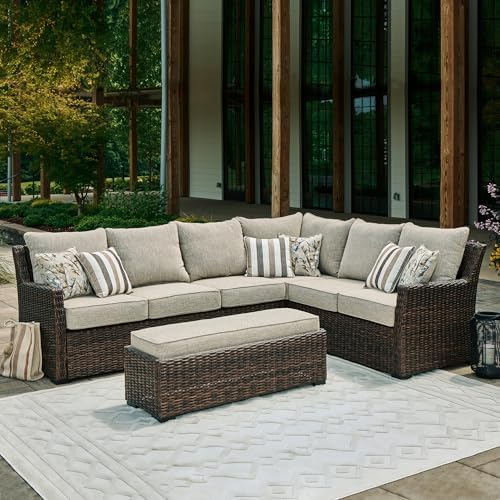 Signature Design by Ashley 3-Piece Patio Sectional with Bench, Brown