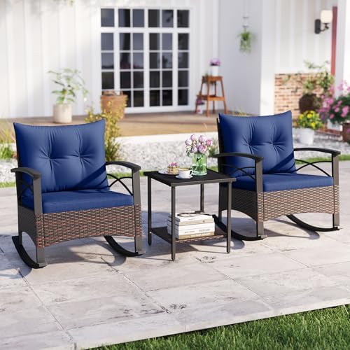 Tangkula 3 Pieces Wicker Outdoor Rocking Chairs Set