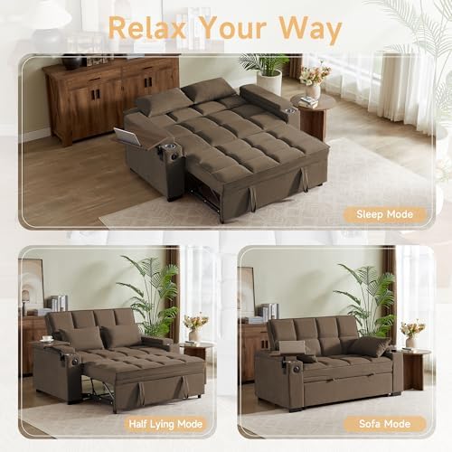hansones 66" Multi-Functional Pull-Out Sofa Bed with Hidden Side Table, ...