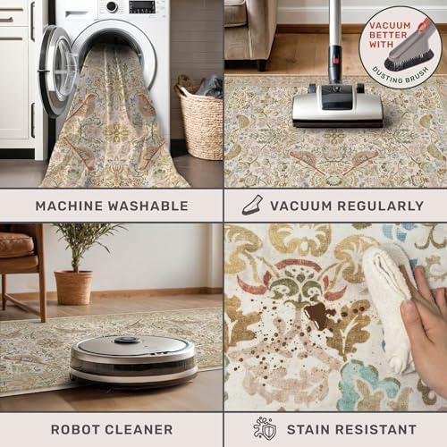 Washable Living Room Rug 8x10 - Country Style Beige Floral Area Rugs for Bedr...