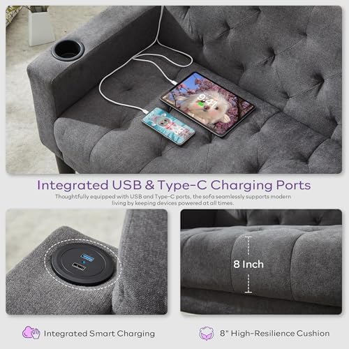 Mid-Century Modern Tufted Loveseat Sofa Set w/ 2 USB & 2 Cupholders