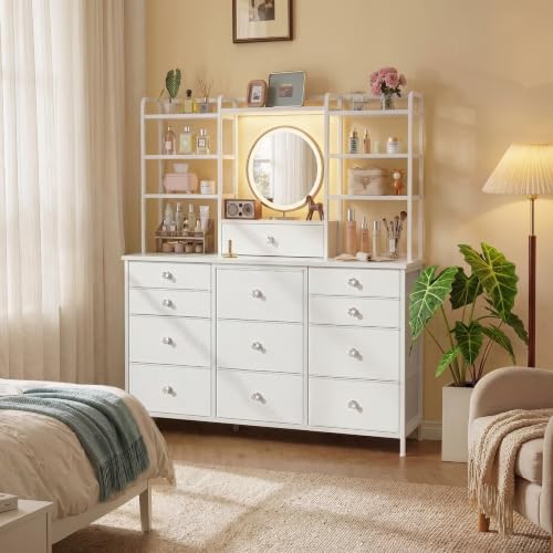 Romorgniz White Dresser for Bedroom with RGB LED Lights, Vanity Organizer