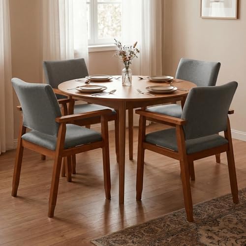 Mid Century Modern Walnut Dining Chairs Wood Arm Grey Fabric Kitchen Cafe Liv...