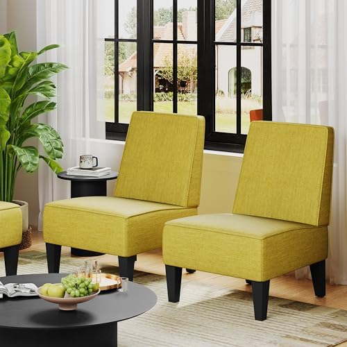 Armless Accent Chairs Set of 2, Green Upholstered Linen Slipper Chair with So...