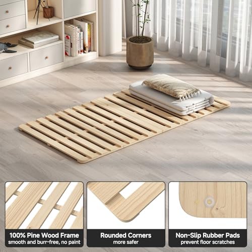 Twin Size Foldable Floor Bed Frame, Solid Wood Slat Base for Futon Mattress