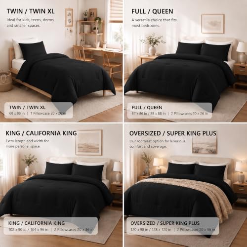 CozyLux King Comforter Set, 3 Pieces Down Alternative Bedding, Black