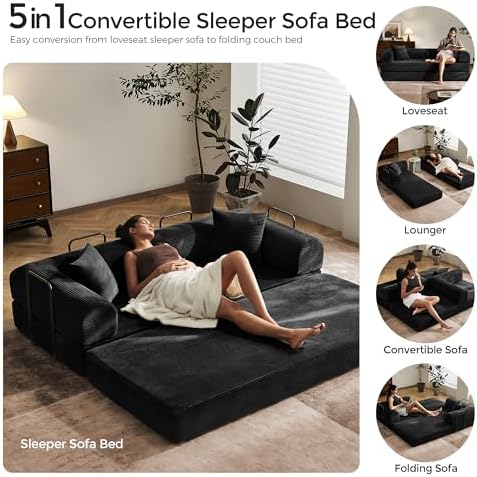 79" Convertible Futon Sofa Bed, Boneless Couch for Living Room | Black