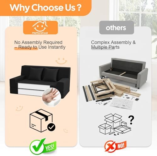 MeMoreCool 59" Boneless Couch Bed, Loveseat Futon Sofa, Small Space, Black