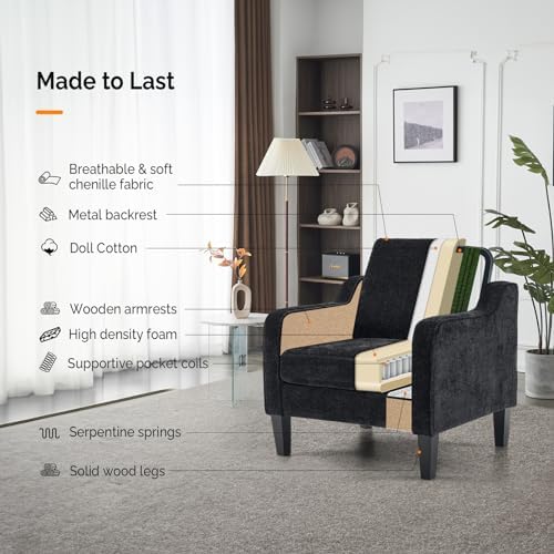 VINGLI Black Accent Chair, Chenille Upholstered Armchair for Living Room