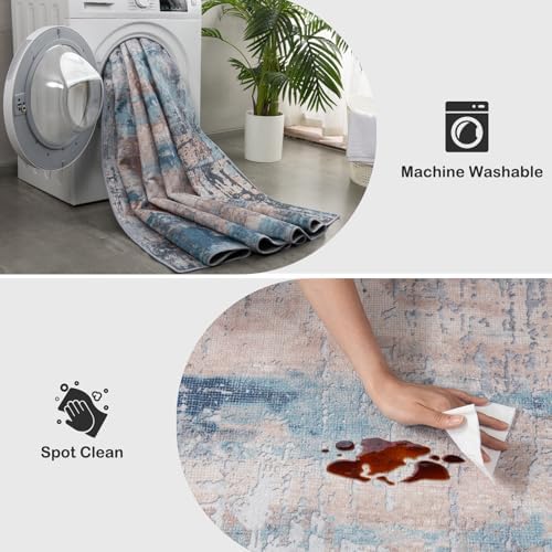 Kelarea Washable Area Rug 5x7, Non-Slip Low Pile Abstract Beige Blue
