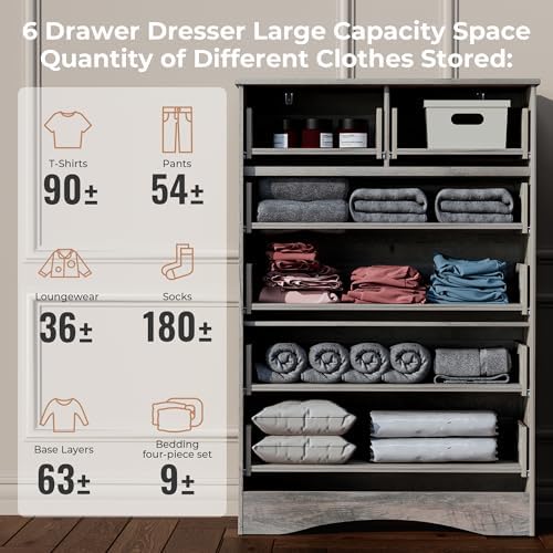 VVFLU 48'' Tall Grey Dresser with 6 Drawers Chest of Drawers for Bedr...