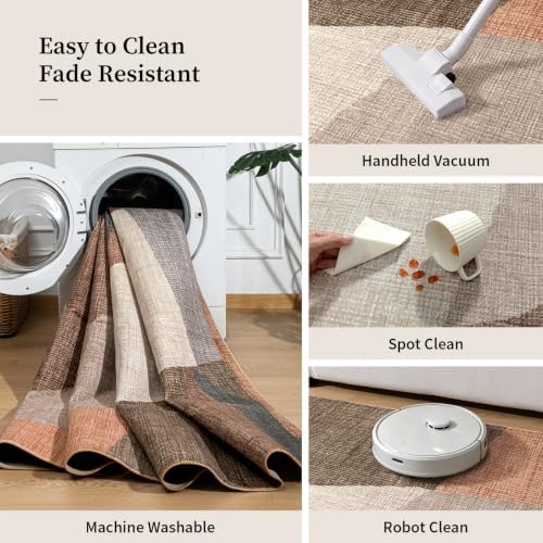 YIHOUSE Geometric Area Rug, Washable Non-Slip Low Pile, Brown, 5 x 7 ft