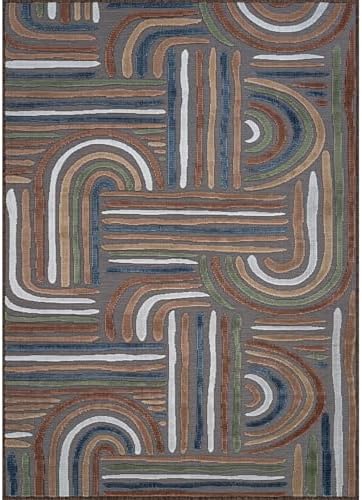 CAMILSON Indoor Outdoor Rug, Brown 8x10 Geometric Arch Striped Area Rugs for ...