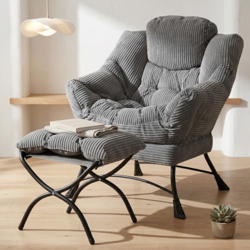 Lazy Chair with Ottoman, Modern Skinny Lounge Chair with Footrest