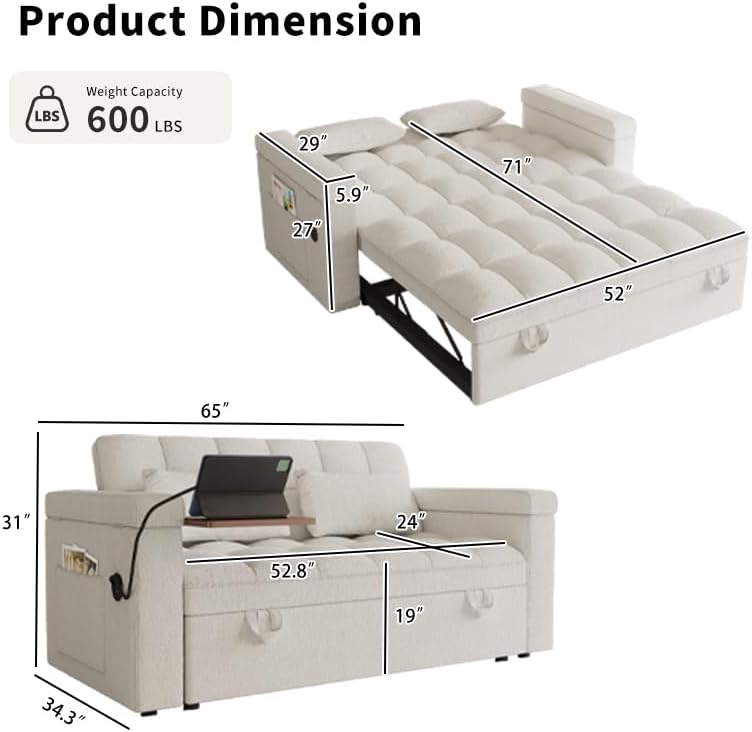 65" Futon Sofa Bed with USB Charging Ports, Adjustable Backrest