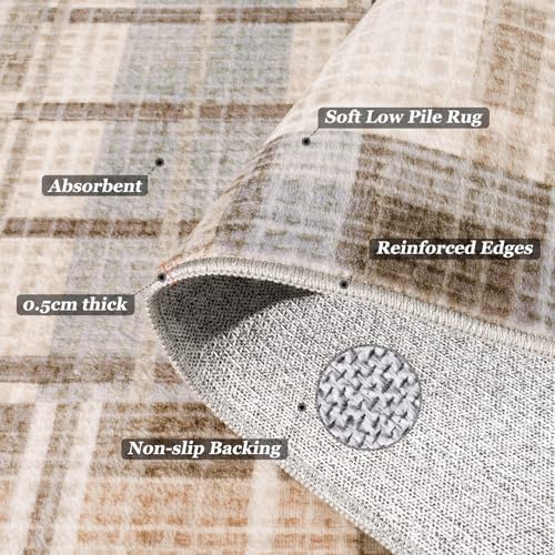 Rezutan Washable Area Rug 8x10, Modern Geometric Plaid, Non-Slip, Beige