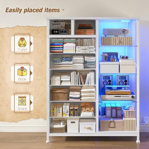 EnHomee White Dresser with LED Lights & Power Outlets, 8 Drawers, 54" H