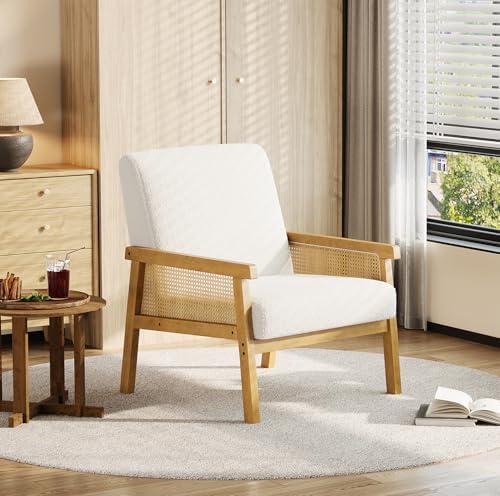 IDEALHOUSE Rattan Accent Chair with Wooden Frame and High Back, White