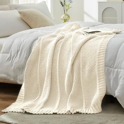 Amélie Home Chenille Knit Throw Blanket for Couch, Ivory, 50"x60"