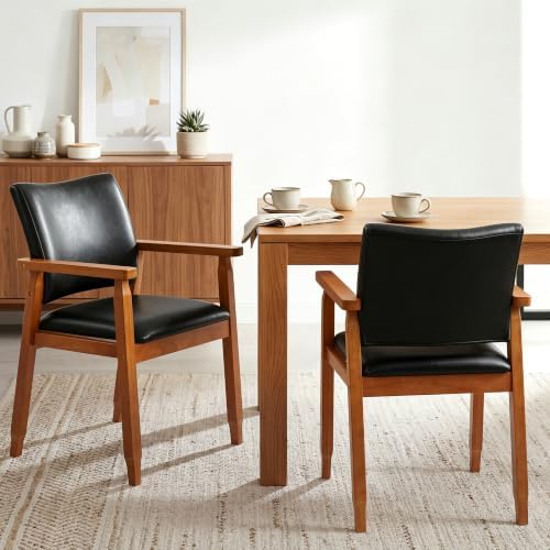 GOTMINSI Mid-Century Modern PU Leather Dining Chair with Arms, Solid Wood Fra...