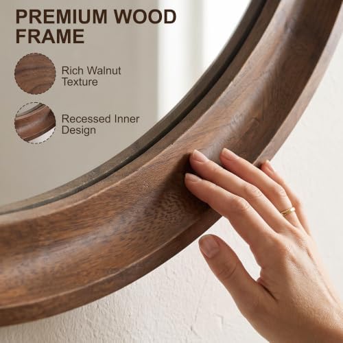 FICTOR Round Wood Mirror, 26" Circle Mirrors for Wall Decor, Walnut Brown