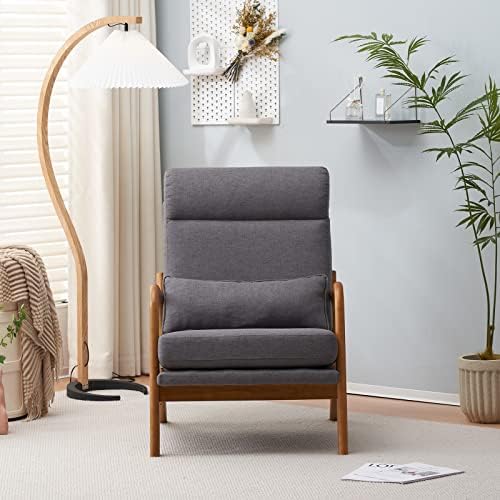 Bonnlo High Back Linen Dark Grey Mid Century Modern Accent Chair, Soild Wood ...