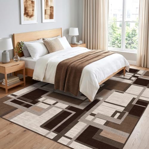 Modern Geometric Area Rug for Living Room, Coffee Brown Washable Rugs 5x7