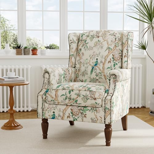 Floral Wingback Accent Chair with Wood Legs, Bird, Set of 1