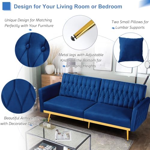 3 Pieces Velvet Sofa Set w/Adjustable Armrest &Backrest,Blue