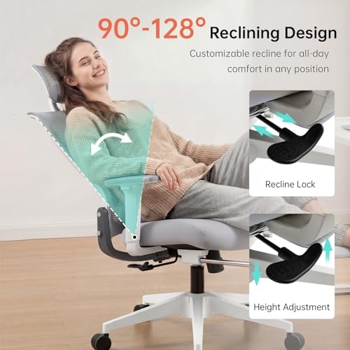 Ergonomic Foldable Office Chair with Footrest and Lumbar Support, Grey