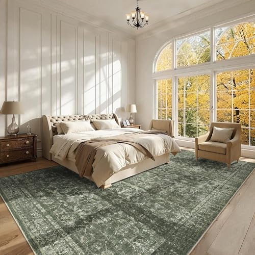 10x14 Washable Living Room Area Rug Soft Boho Dark Green Large Carpet