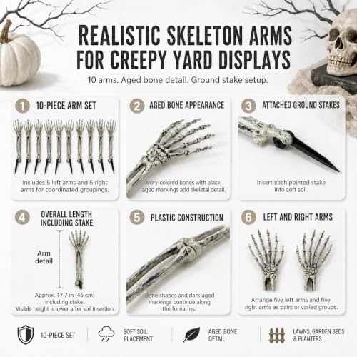 Halloween Skeleton Arms and Hands, 10-Piece Outdoor Yard Decorations Set