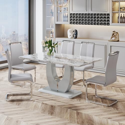 JUFU 7 Piece Dining Table Set for 6, 63 Inch Faux Marble Rectangular Kitchen ...