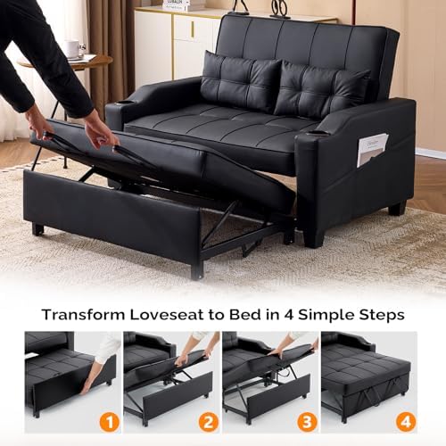 VINGLI Black Futon Sofa Bed Convertible Loveseat Sleeper Couch, Faux Leather ...