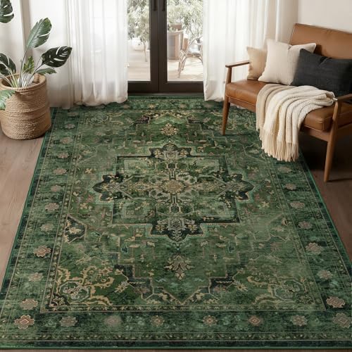 Vintage Dark Green Area Rugs 5x7 for Living Room, Tranditional Distressed Medallion Printed Low Pile Thin Rugs for Bedroom, Non Slip Washable Carpet Rugs for Dining Room/Kitchen/Home Office