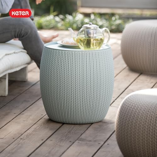Keter Urban Knit Pouf Ottoman Set of 2 with Storage Table for Patio and Room ...