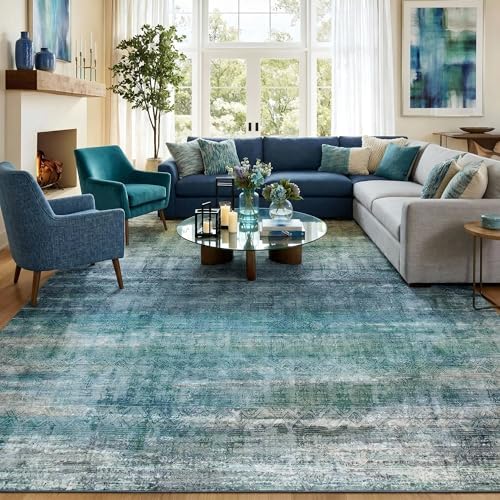 8x10 Teal and Sage Green Abstract Area Rug Living Room Boho Ombre Washable