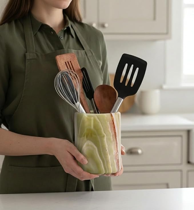 Marble Utensil Holder 6.5 Inch Green Wooden Cooking Utensils Set & Spatula